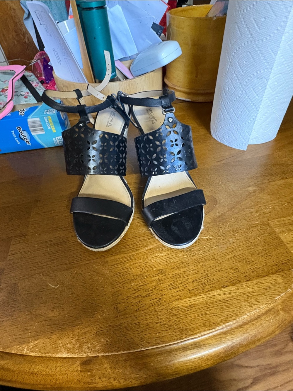 Michael Kors Black Laser-Cut Wedge Sandals